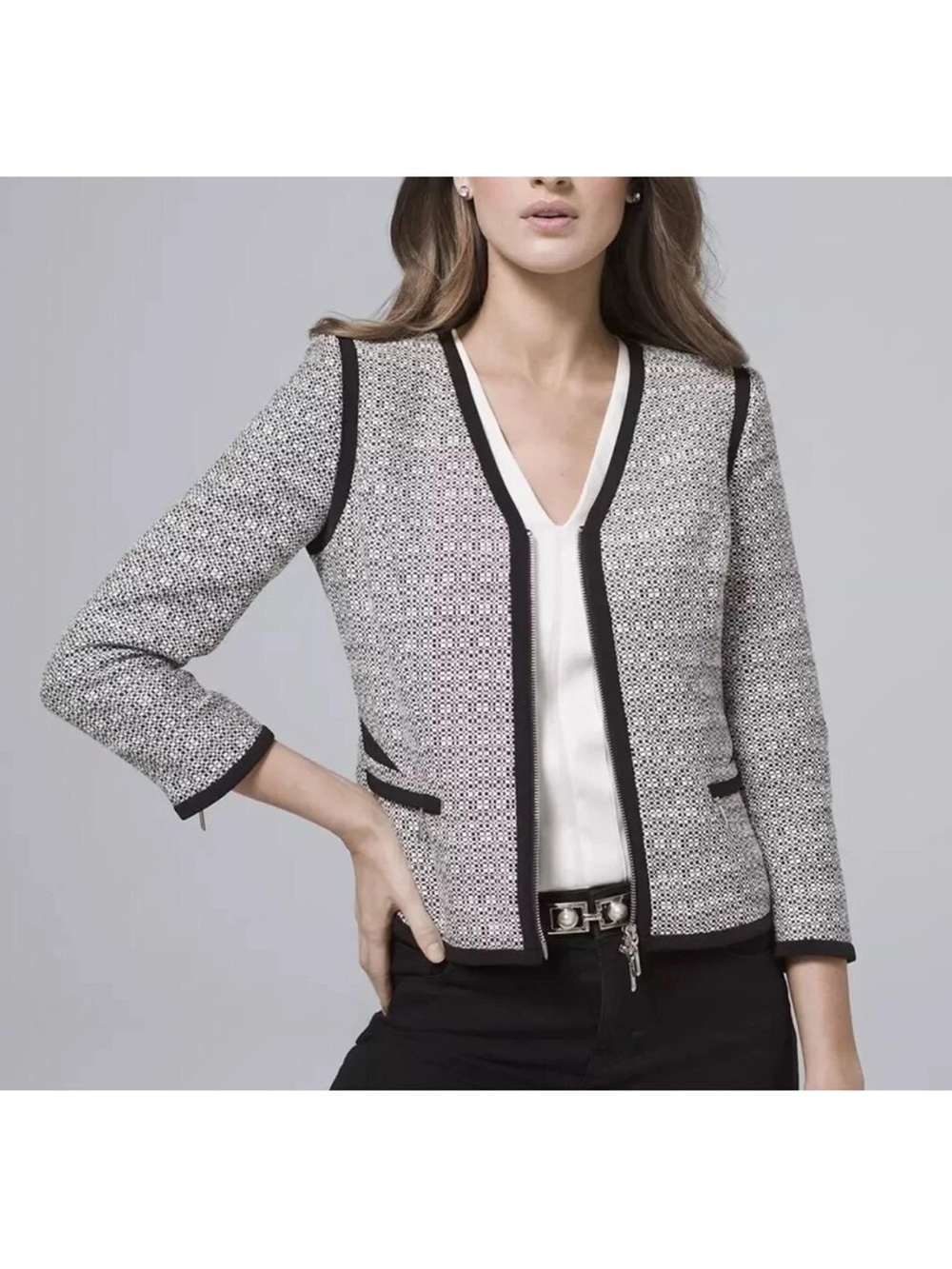 EUC White House Black Market Contrast Tweed Trim Zip Front Blazer Jacket Size 6
